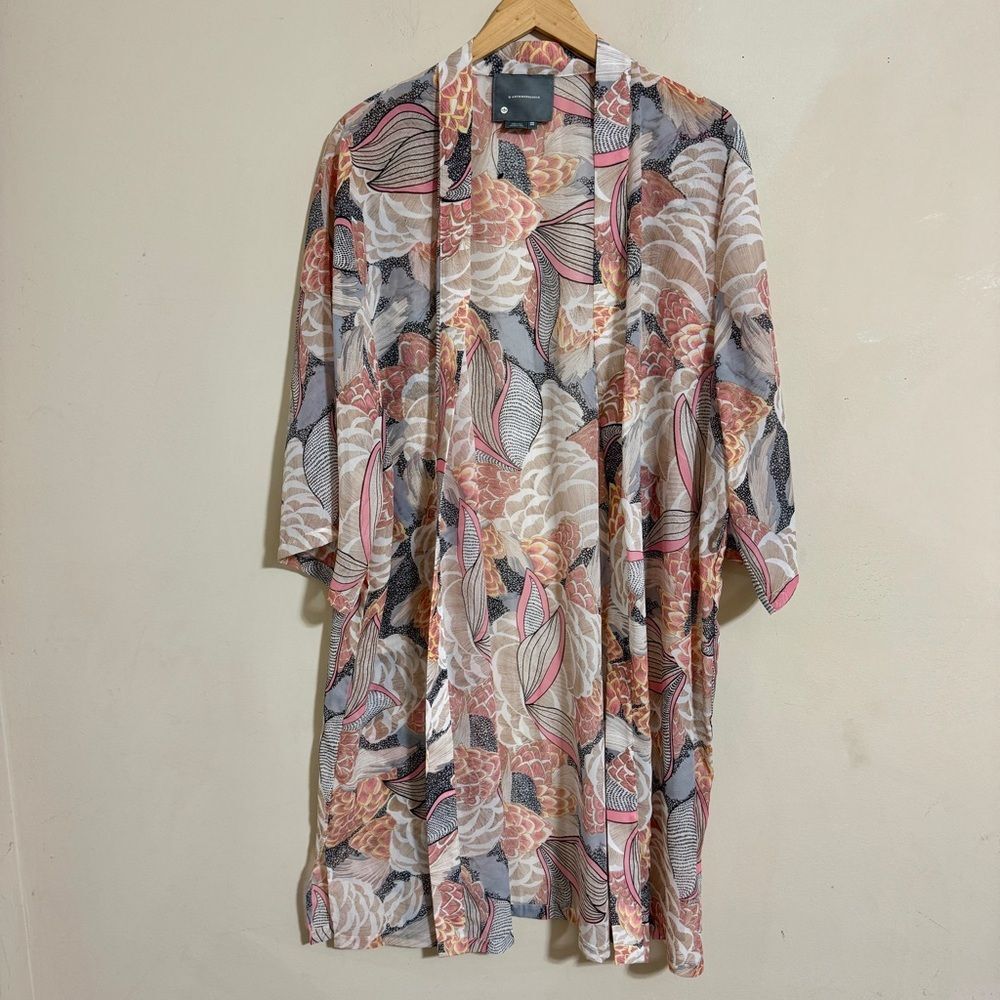 Anthropologie Sheer Open Midi Floral Kimono Duster size OS Boho Travel Beach - Picture 2 of 11